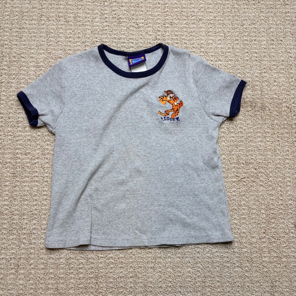 Vintage Pooh Tigger Ringer Tee Kids Medium Gray Ribbed Short Sleeve